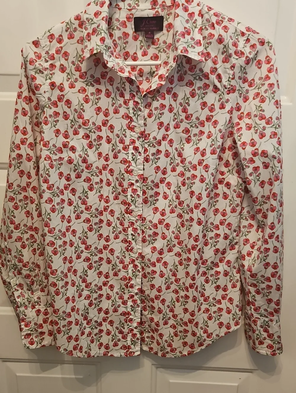 J.Crew Liberty Fabric Floral Cherry Blossom Button Down Shirt White Red Size 4